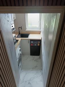 a small kitchen with a sink and a washing machine at Dover White Cliff Apartment in Dover +2 photos