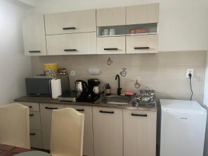 a small kitchen with a sink and a microwave at Mazsola apartman in Hódmezővásárhely +74 photos