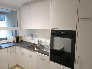eine Küche mit Spüle und schwarzem Backofen in der Unterkunft Viamalablick in Thusis + 1 Foto