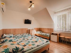 a bedroom with two beds and a tv on the wall at Pokoje Gościnne Wróblówka in Laskowa