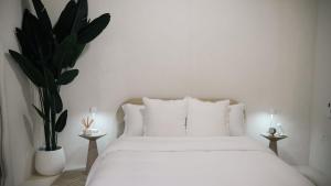 a bedroom with a white bed and a plant at Villa Zen - 1 Bedroom Studio in Saint James
