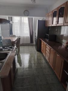 a kitchen with wooden cabinets and a black refrigerator at Apartament OAȘUL 2 in Hurez +5 photos