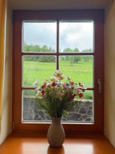 a vase with flowers sitting in front of a window at Chalet Mates in Ždiar
