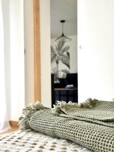 a bedroom with a bed with a rug on the floor at T2 Cosy in Mende +6 photos