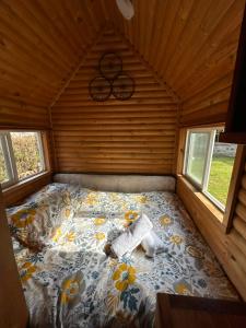a bed in the corner of a wooden cabin at Tiny House Remanso del Espíritu in Isla de Maipo
