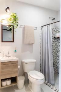 a white bathroom with a toilet and a shower at Estudio Ideal con todo lo necesatio in La Paz