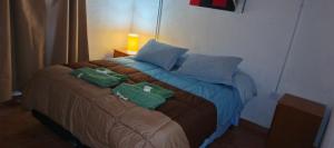 a bedroom with a bed with two green towels on it at Palo Blanco in Cinco Saltos