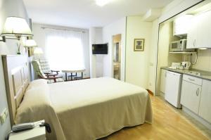 a hotel room with a bed and a kitchen at Hotel Apartamentos Aralso in Segovia