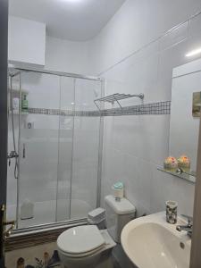 a bathroom with a shower and a toilet and a sink at Medano Time in El Médano