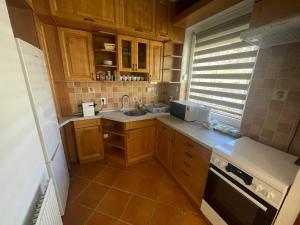 a small kitchen with wooden cabinets and a sink at Kosbor apartman in Igricetanya