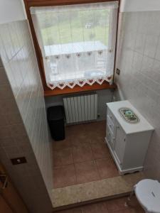 a small bathroom with a toilet and a window at Winter and Summer Cortina in Cortina dʼAmpezzo