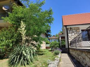 a tree next to a house with a fence at Bianca in Veliko Gradište