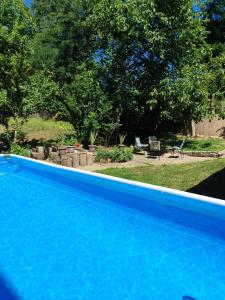 a blue swimming pool in a yard with trees at Bianca in Veliko Gradište
