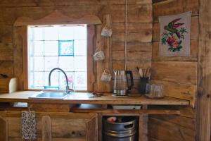 a kitchen with a sink and a window at Agroturystyka Lasy Północy Leśna Chata in Dzierniakowo
