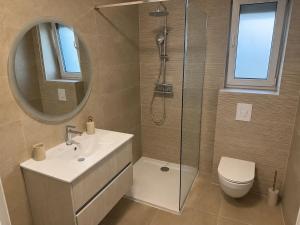 a bathroom with a shower and a sink and a toilet at Apartments Villa Nikola- one minute to the beach in Gradac +23 photos