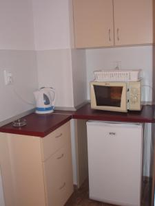 a small kitchen with a microwave and a refrigerator at Stella di Mare Guest House in Ravda +13 photos