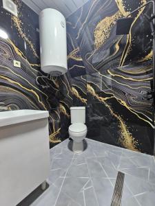 a bathroom with a toilet and a black and gold wallpaper at Machaxela Skyline in Tsʼkhemlisi