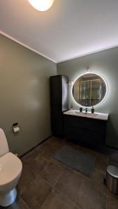 a bathroom with a toilet and a mirror at Cozy pet-friendly apartment with parking in Flekkefjord +5 photos
