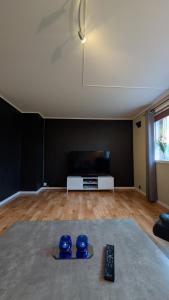 a living room with a tv and a remote control at Cozy pet-friendly apartment with parking in Flekkefjord