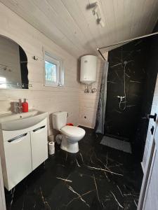a bathroom with a white toilet and a sink at МріяТИ in Verkhovyna