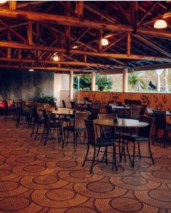 ein Esszimmer mit Tischen und Stühlen auf einem Teppich in der Unterkunft Aguazul Hotel in Augusto de Lima