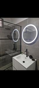 a bathroom with a white sink and a mirror at Le Cuprum in Le Robert