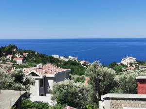 a house on a hill with the ocean in the background at Apartman Alba in Petrovac na Moru