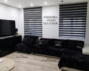 a living room with black couches and a television at Blackapartment2Kawalerka in Olsztyn +5 photos