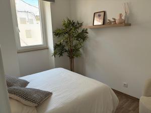 a bedroom with a white bed and a potted plant at La Petite Piété in Faro