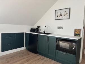 a kitchen with green cabinets and a sink at Skellig Bliss in Valentia Island
