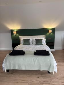 a bedroom with a large bed with a green headboard at Skellig Bliss in Valentia Island