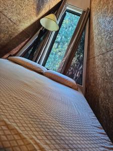 a bed in a room with a large window at Alpinas del bosque II in Maldonado