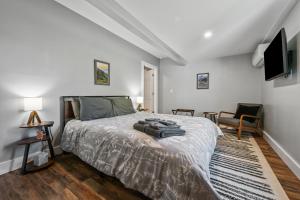 a bedroom with a bed and a television in it at Willard Modern Cozy Apt 1st Floor in Whitefield