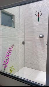 a shower with a glass door next to a plant at Viver de Temporada Canindé- 10 Minutos de Piranhas- 3 Minutos do Centro garagem para 3 carros in Canindé de São Francisco +48 photos