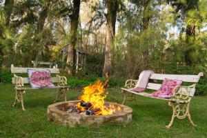 two park benches sitting next to a fire pit at Quinta isleña Monte Blanco - Domingos Checkout 17 hs in Tigre