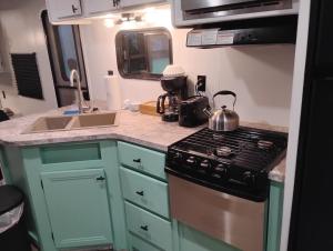 a kitchen with a stove and a sink at Camper Rental in Saint Helena Island
