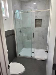 a bathroom with a glass shower with a toilet at Lotus Motel in Inglewood +2 photos