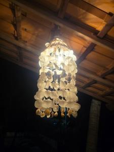 a chandelier hanging from a wooden ceiling at Tapioca Vila Boutique in Atins