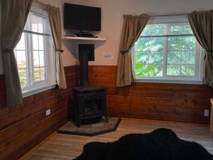 a living room with a stove and two windows at Denali Fireside Cabin & Suites in Talkeetna