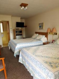 a hotel room with two beds and a television at Belaire Motel in Norton Shores