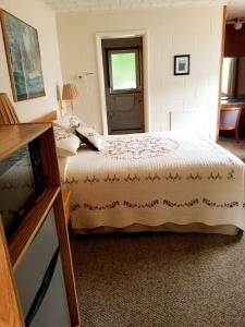 a bedroom with a bed and a window and a door at Belaire Motel in Norton Shores