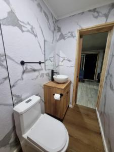 a bathroom with a toilet and a sink at Departamento interior en el centro de llanquihue in Llanquihue