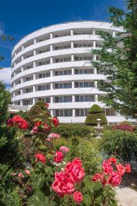 duży biały budynek z kwiatami przed nim w obiekcie Hotel Scoica w mieście Jupiter