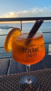 a glass of orange spirit sitting on a table at Mobilehome Lana in Privlaka +10 photos