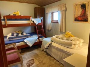 a bedroom with two bunk beds and a window at Skjevlingsnes sjøhus in Tingvoll