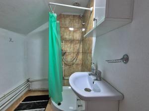 a bathroom with a sink and a shower curtain at Casa Grigor in Călineşti +55 photos