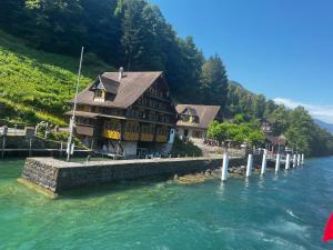 a building on a dock in the water next to a mountain at Modern apartment Pilatus view self check-in in Stans