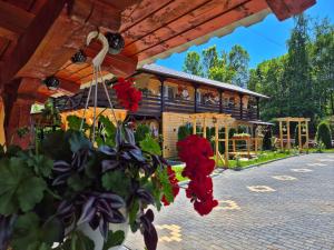 a building with a bunch of flowers in front of it at Casa Grigor in Călineşti
