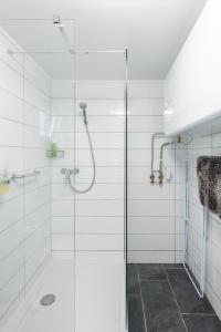 a shower with a glass door in a bathroom at Bleicher Borbirtok in Balatonkeresztúr +105 photos