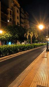 an empty street at night with palm trees and street lights at Casa Lago in Zaragoza
